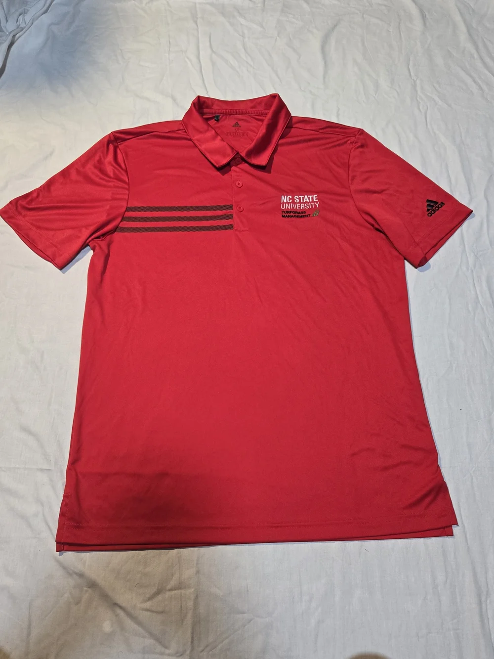 adidas Red NC State Polo with Black Chest Stripes and Logo